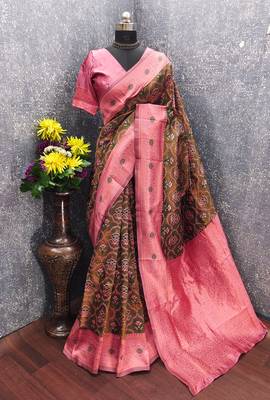 Green pink art silk blend banarasi jacuard work saree with unstitched blouse piece 6