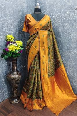Green orange art silk blend banarasi jacuard work saree with unstitched blouse piece 6