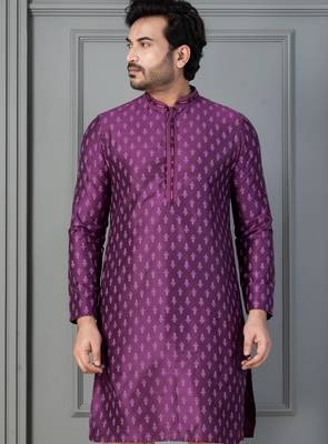 purple silk blend kurta for men with printed work 1