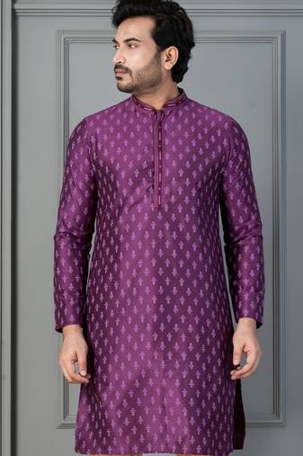 purple  silk blend kurta for men with printed work