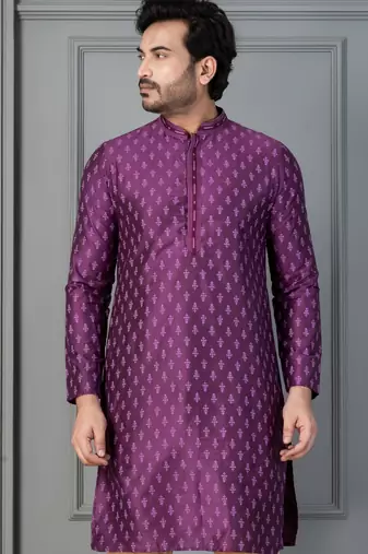 purple silk blend kurta for men with printed work