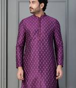 purple silk blend kurta for men with printed work