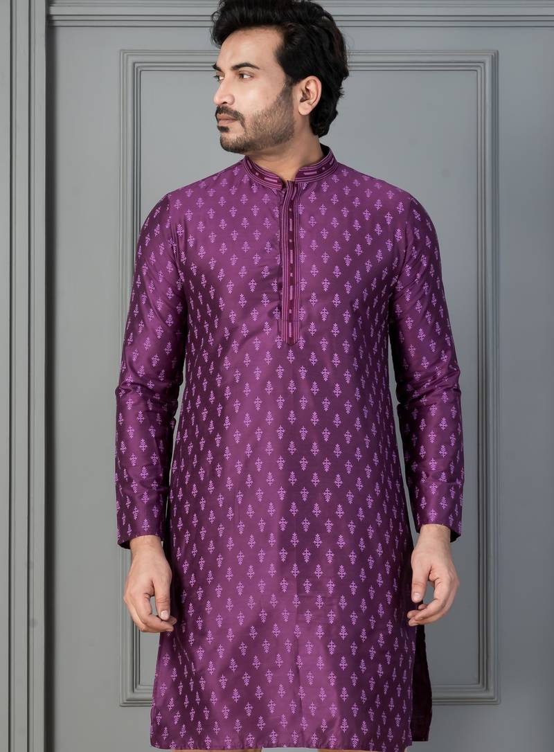 purple silk blend kurta for men with printed work