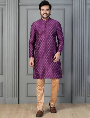 purple silk blend kurta for men with printed work 2