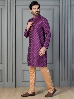 purple silk blend kurta for men with printed work 3