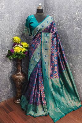 Turquoise soft art silk blend banarasi jacuard work saree with unstitched blouse piece 6