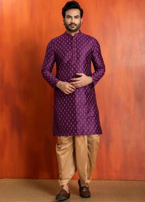 purple silk blend kurta dhoti set for men with printed work 1