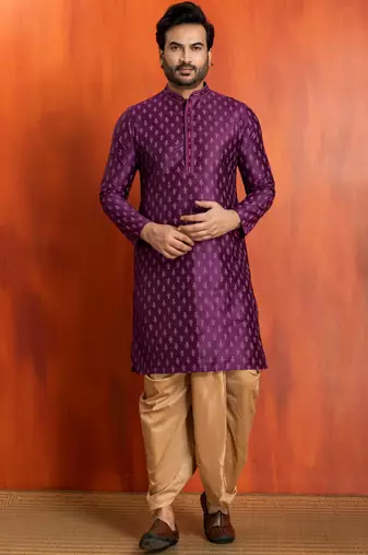 purple silk blend kurta dhoti set for men with printed work