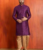 purple silk blend kurta dhoti set for men with printed work