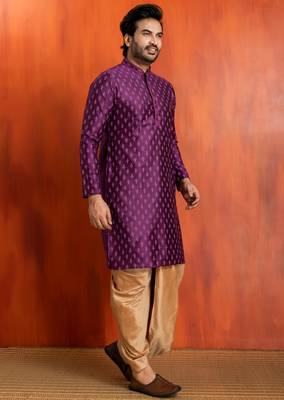 purple silk blend kurta dhoti set for men with printed work 2