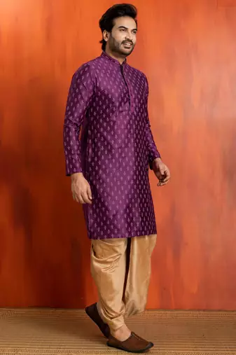 purple silk blend kurta dhoti set for men with printed work