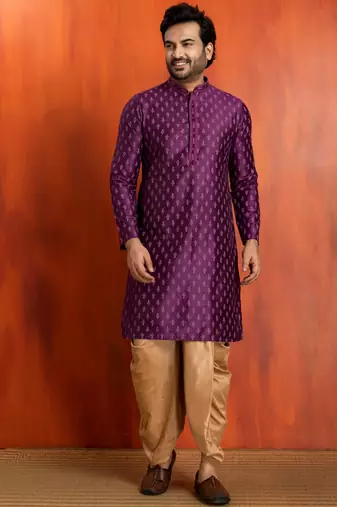 purple silk blend kurta dhoti set for men with printed work