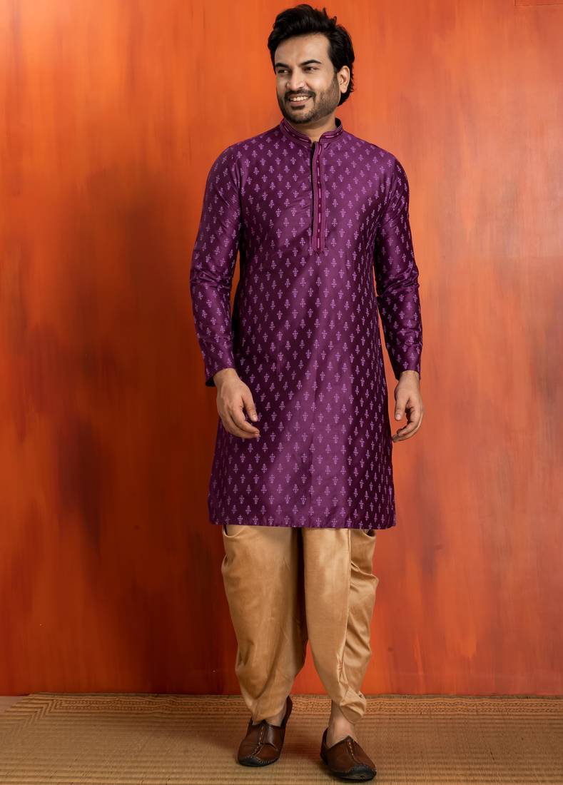 purple silk blend kurta dhoti set for men with printed work