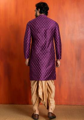 purple silk blend kurta dhoti set for men with printed work 4