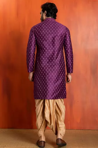 purple silk blend kurta dhoti set for men with printed work