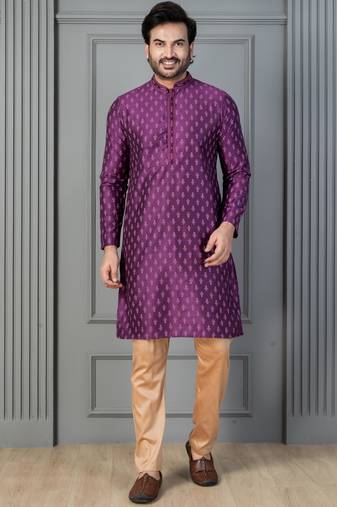 purple silk blend kurta payjajama set for men with printed work