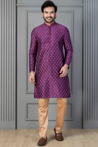 purple silk blend kurta payjajama set for men with printed work