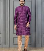 purple silk blend kurta payjajama set for men with printed work