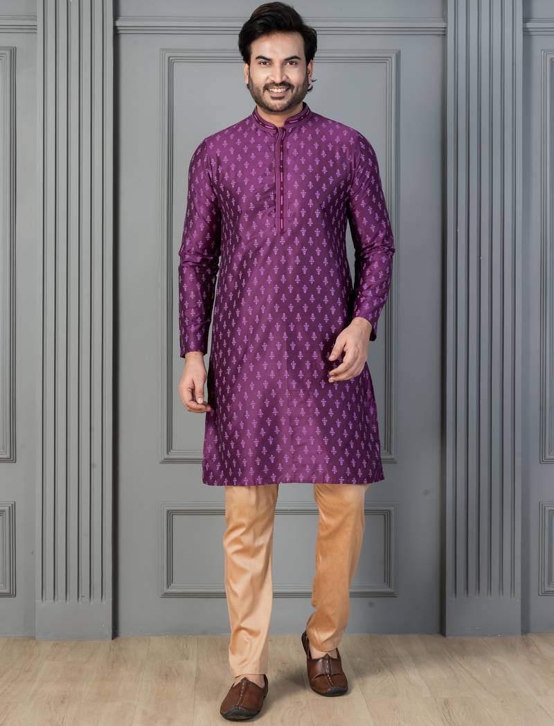 purple silk blend kurta payjajama set for men with printed work