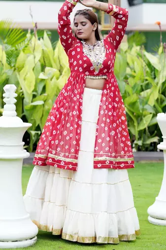 Rani Pink Color mirror-work and Gota Patti Slik Blend Navratri Lehenga Choli