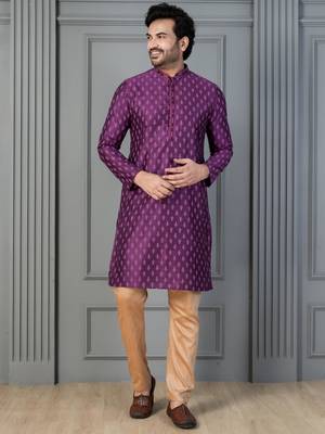 purple silk blend kurta payjajama set for men with printed work 2
