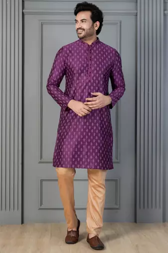 purple silk blend kurta payjajama set for men with printed work