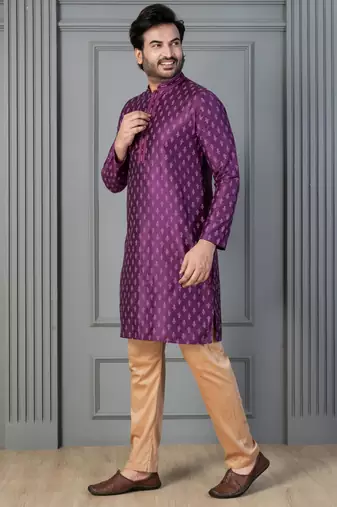 purple silk blend kurta payjajama set for men with printed work