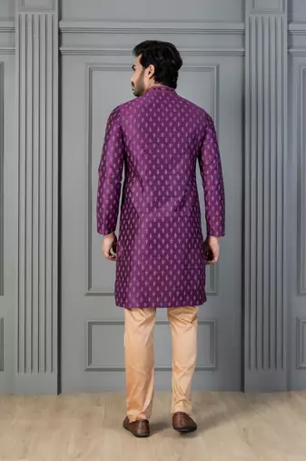 purple silk blend kurta payjajama set for men with printed work