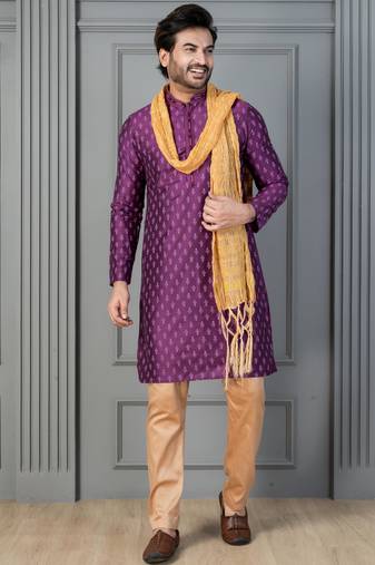 purple silk blend kurta payjama dupatta set for men with printed work