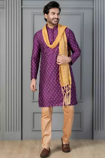 purple silk blend kurta payjama dupatta set for men with printed work