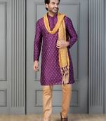 purple silk blend kurta payjama dupatta set for men with printed work