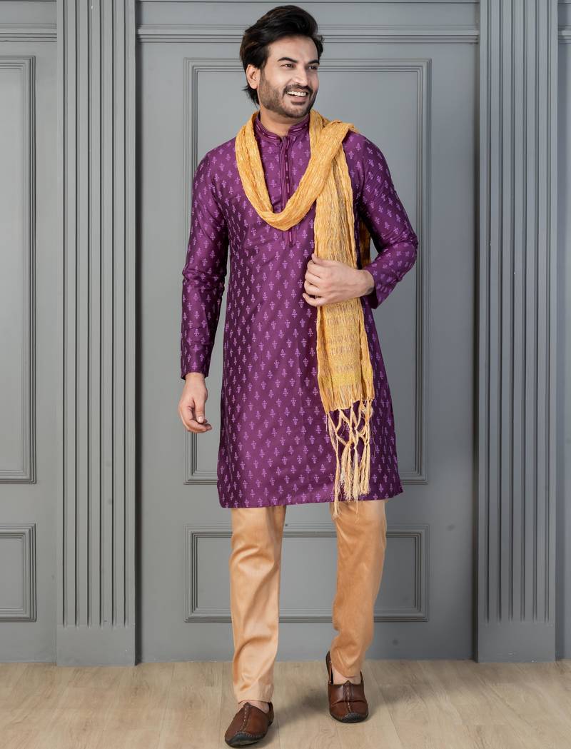 purple silk blend kurta payjama dupatta set for men with printed work