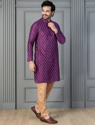 purple silk blend kurta payjama dupatta set for men with printed work 3