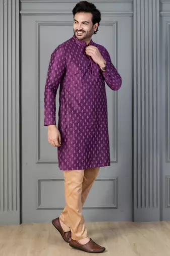 purple silk blend kurta payjama dupatta set for men with printed work