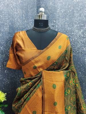Green orange art silk blend banarasi jacuard work saree with unstitched blouse piece 7