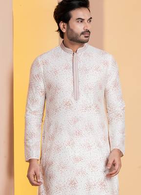 white  silk blend kurta for men with printed work 1