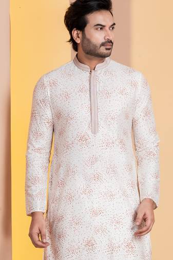white  silk blend kurta for men with printed work