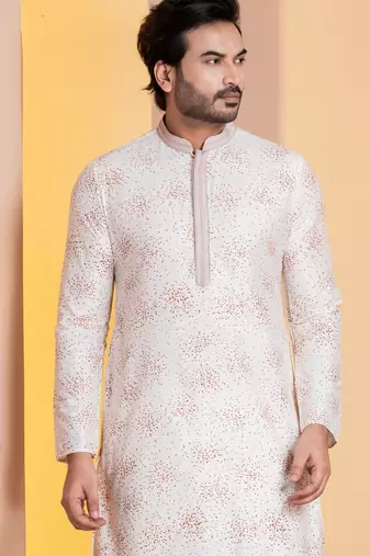 white  silk blend kurta for men with printed work