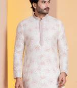 white  silk blend kurta for men with printed work