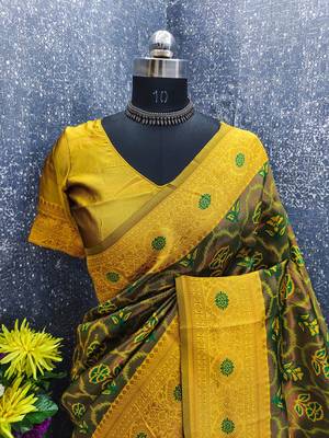 Green mustard art silk blend banarasi jacuard work saree with unstitched blouse piece 7