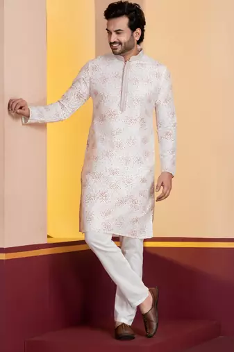 white  silk blend kurta for men with printed work
