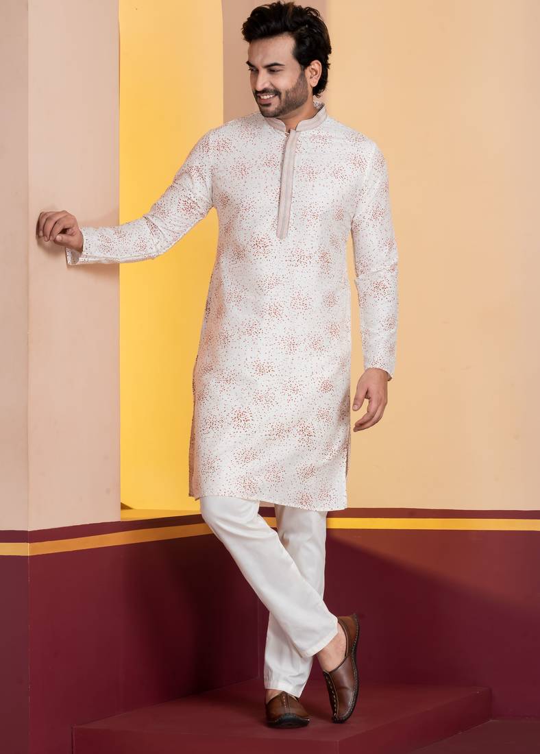 white  silk blend kurta for men with printed work