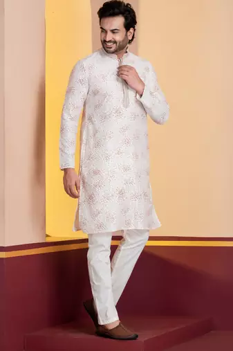 white  silk blend kurta for men with printed work