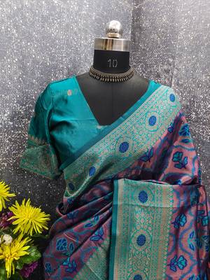 Turquoise soft art silk blend banarasi jacuard work saree with unstitched blouse piece 7