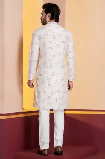 white  silk blend kurta for men with printed work