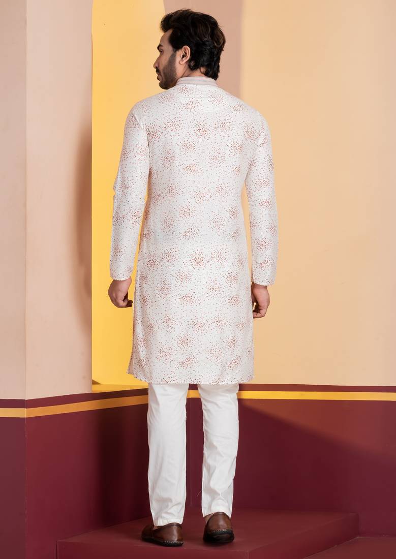 white  silk blend kurta for men with printed work