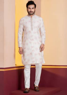 white silk blend kurta pyjama set for men with printed work 1