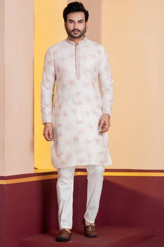 white silk blend kurta pyjama set for men with printed work