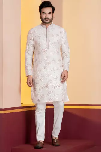 white silk blend kurta pyjama set for men with printed work