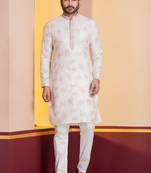 white silk blend kurta pyjama set for men with printed work